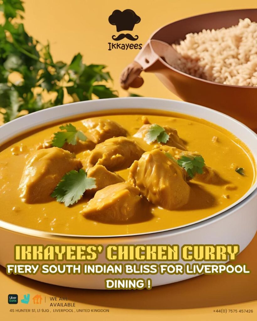“A steaming plate of chicken curry served on a wooden table at Ikkayees Restaurant, garnished with fresh herbs, accompanied by rice and traditional side dishes.-curry house